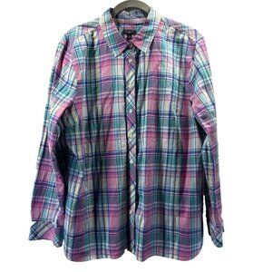 Talbots Womens Blouse XLP Petite XL Pink Blue Plaid Long Sleeve Button Up Cotton